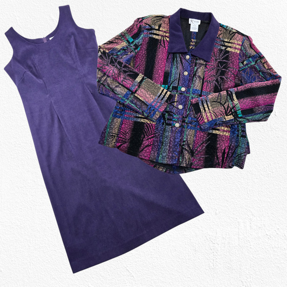 Vintage 90s Purple Jacquard Dress Set Jacket Career Party Two Piece Set Size 12 - Picture 2 of 16